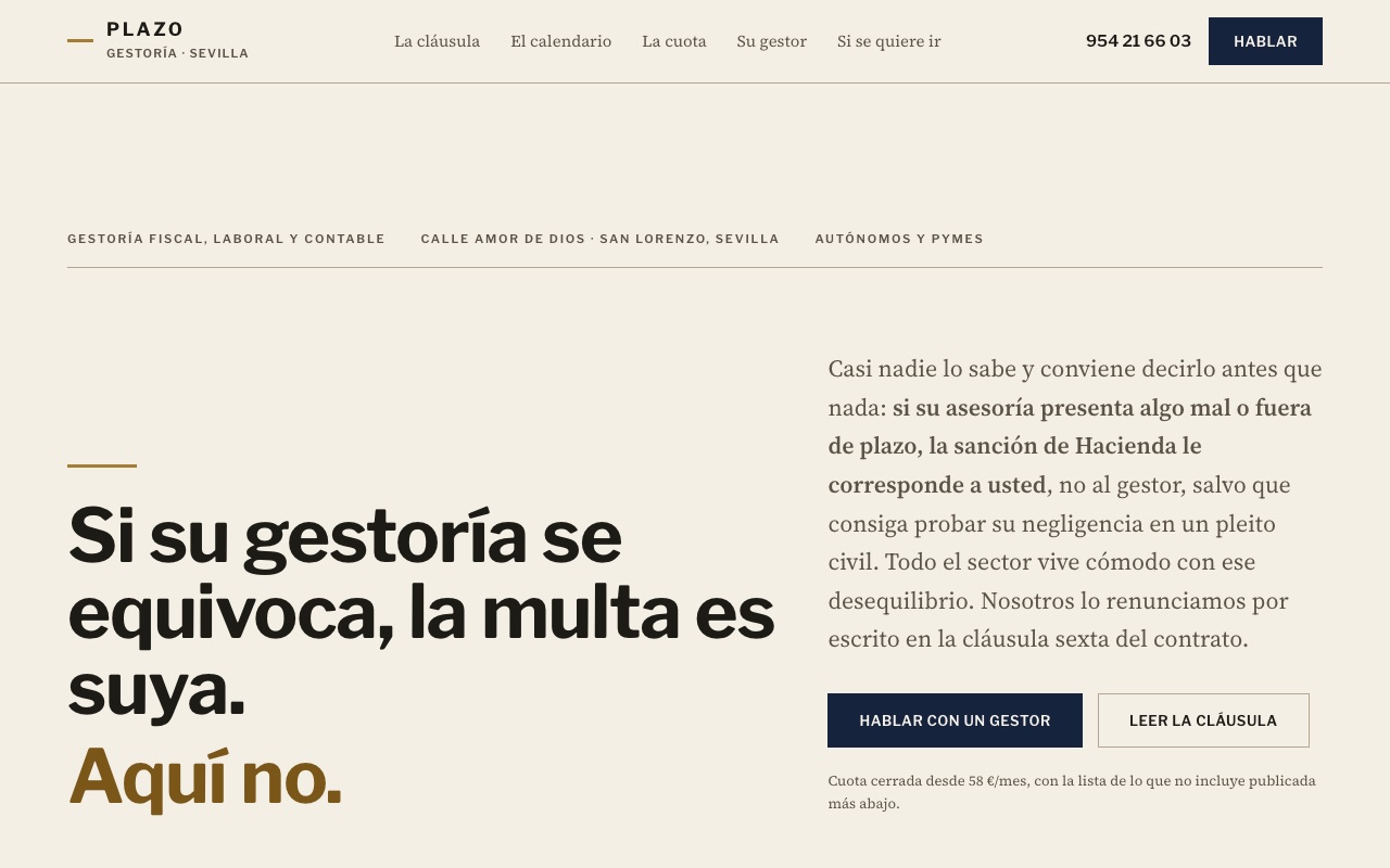 Portada de la web de muestra de PLAZO: titular sobre quién paga la multa y legajos del archivo del despacho