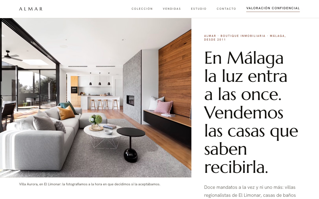 Portada de la web de muestra de Almar: salón de una villa de 1934 en El Limonar con el titular a la derecha